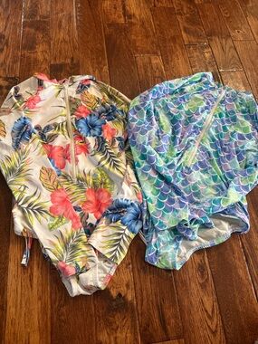 Wonder nation Girls Tropical Floral & Mermaid Ruffle One-Piece Swimsuits 10/12